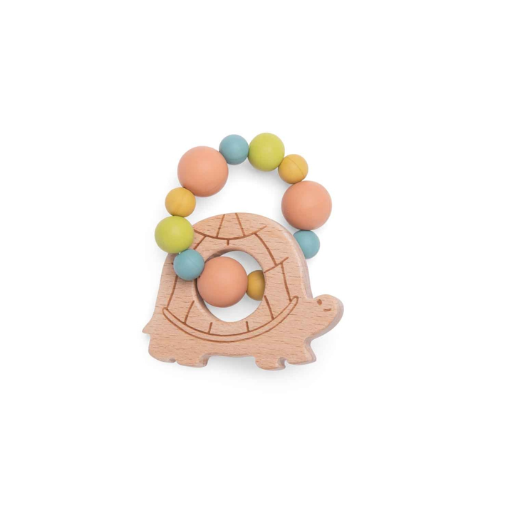 Teething ring rattle wood and silicone - Turtle